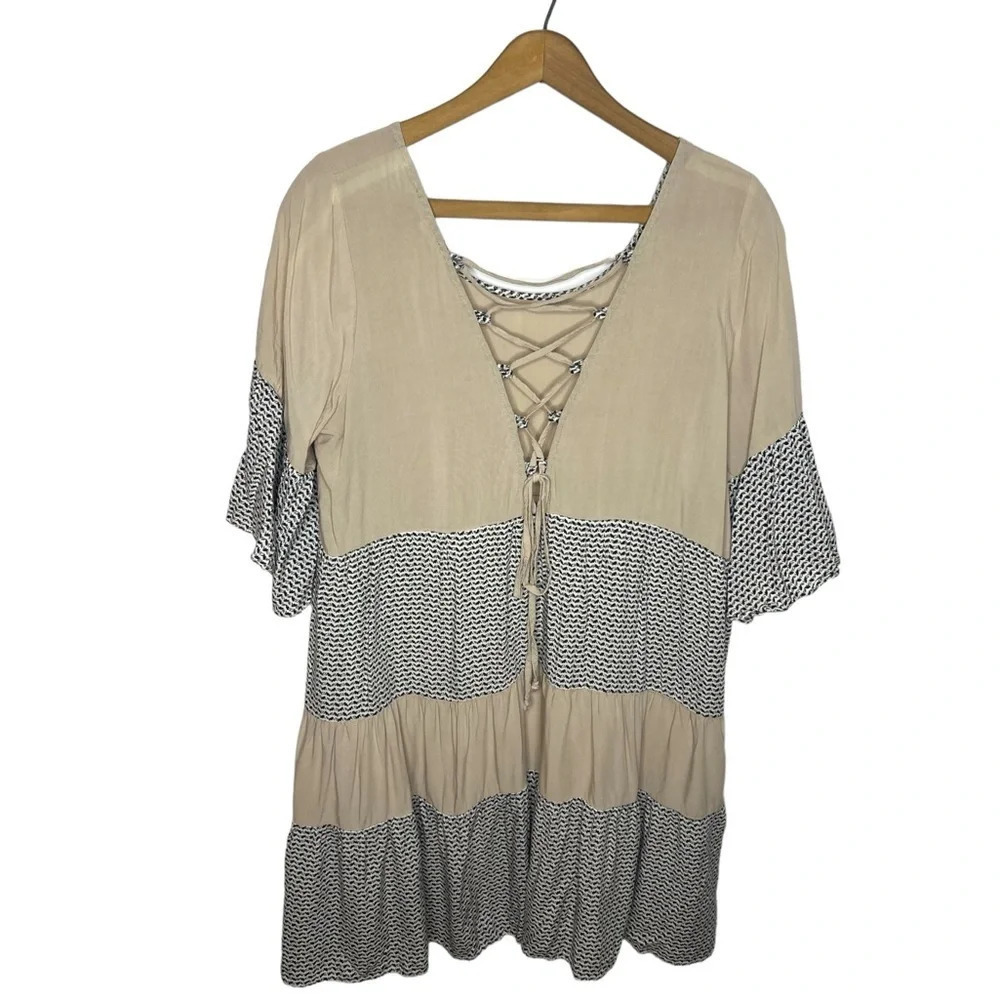 Easel Boho Tiered Prairie Dress Lace Up Back Flare Sleeve Small - Picture 6 of 9
